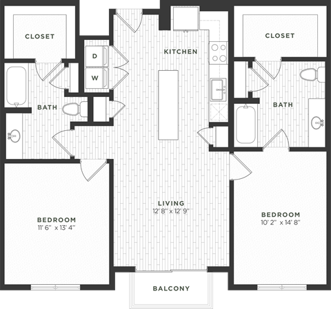 Floor plan for 2 beds, 2 baths, 1127 sqft